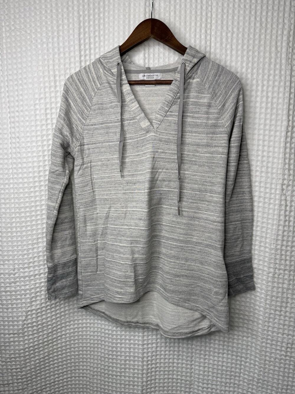 Liz Claiborne Weekend Women’s M Gray Striped Hooded Tunic Pullover Top